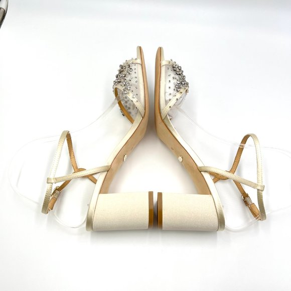 Badgley Mischka Size 8.5 Blaine Ivory Satin Jeweled Dress Sandals Heels Shoes - Picture 7 of 13